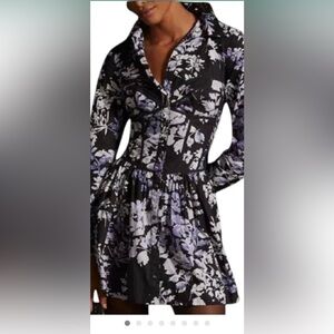 Anthropologie NWT 
Corset Dress Black
Purple Floral Mini Shirtdress Size 4p